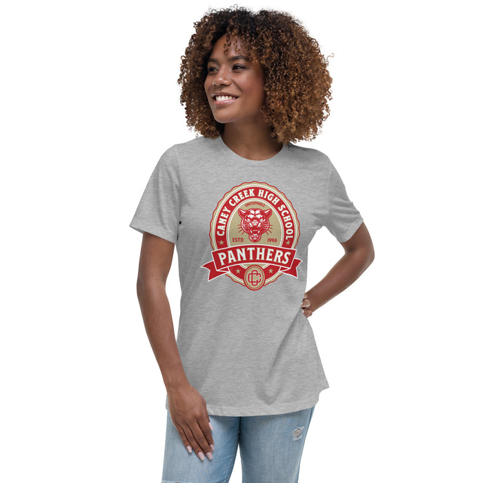 Woman wearing Caney Creek High School Panthers Women's Grey T-shirt 212