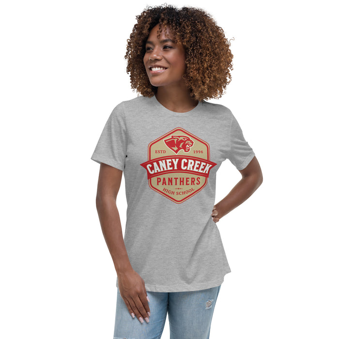 Woman wearing Caney Creek High School Panthers Women's Grey T-shirt 209