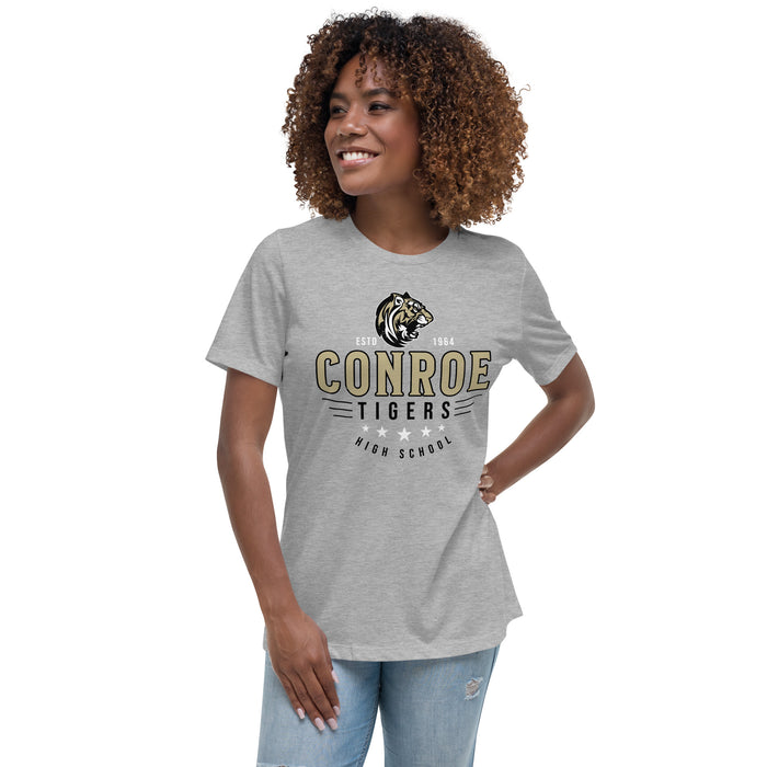 Woman wearing Conroe High School Tigers Women's Athletic Heather Grey T-shirt 217