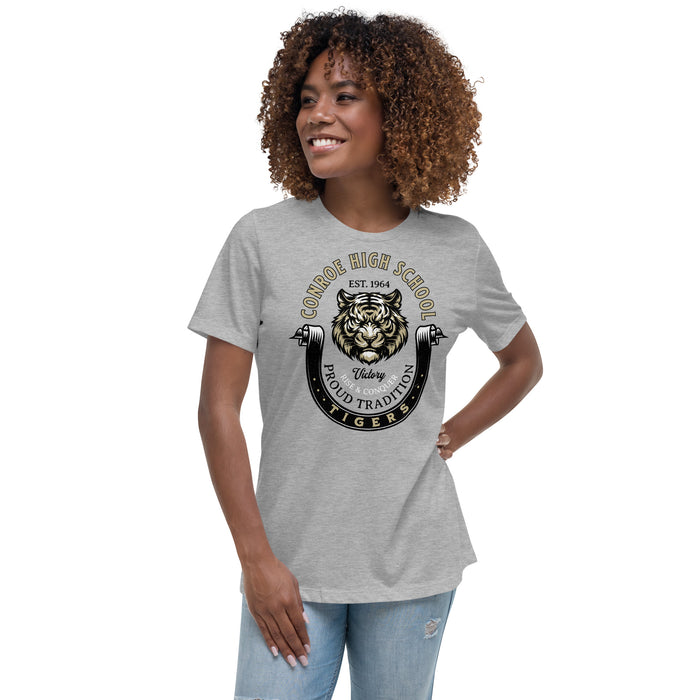 Woman wearing Conroe High School Tigers Women's Athletic Heather Grey T-shirt 229