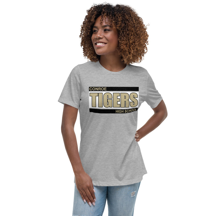 Woman wearing Conroe High School Tigers Women's Athletic Heather Grey T-shirt 098