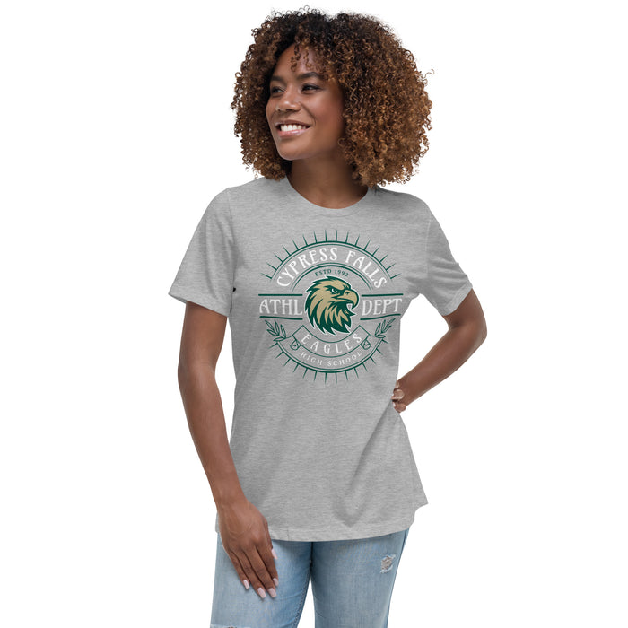 Woman wearing Cypress Falls High School Eagles Women's Heather Grey T-shirt 201