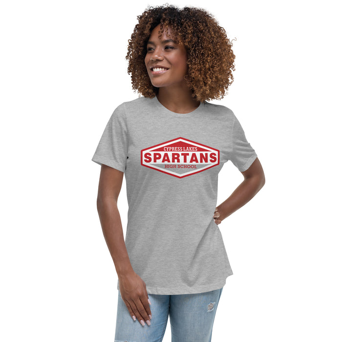 Woman wearing Cypress Lakes High School Spartans Heather Grey Women's T-shirt 009