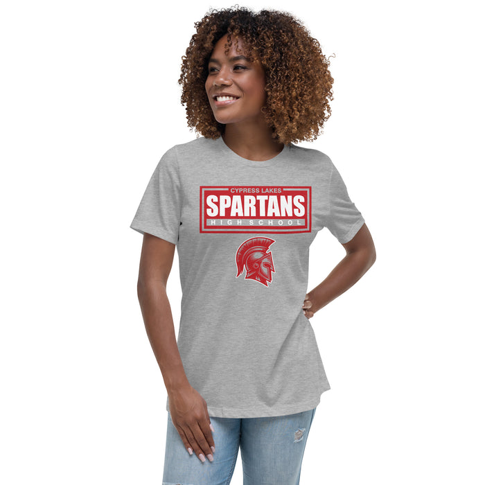 Woman wearing Cypress Lakes High School Spartans Heather Grey Women's T-shirt 049