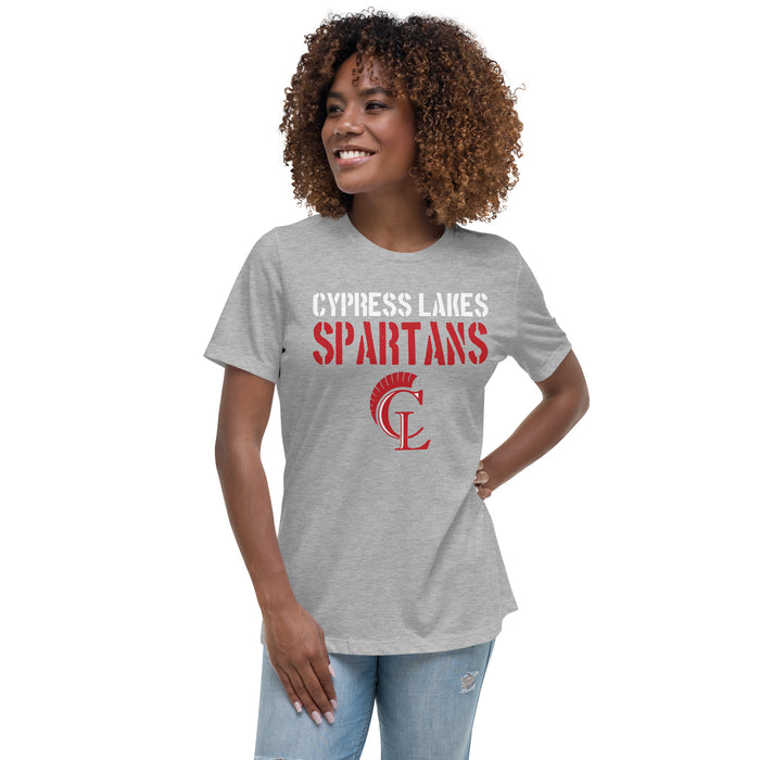 Woman wearing Cypress Lakes High School Spartans Heather Grey Women's T-shirt 017