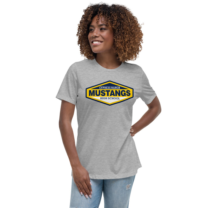 Woman wearing Cypress Ranch High School Mustangs Women's Heather Grey T-shirt 009