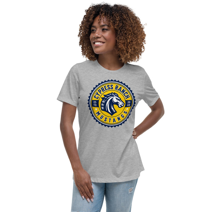 Woman wearing Cypress Ranch High School Mustangs Women's Heather Grey T-shirt 203