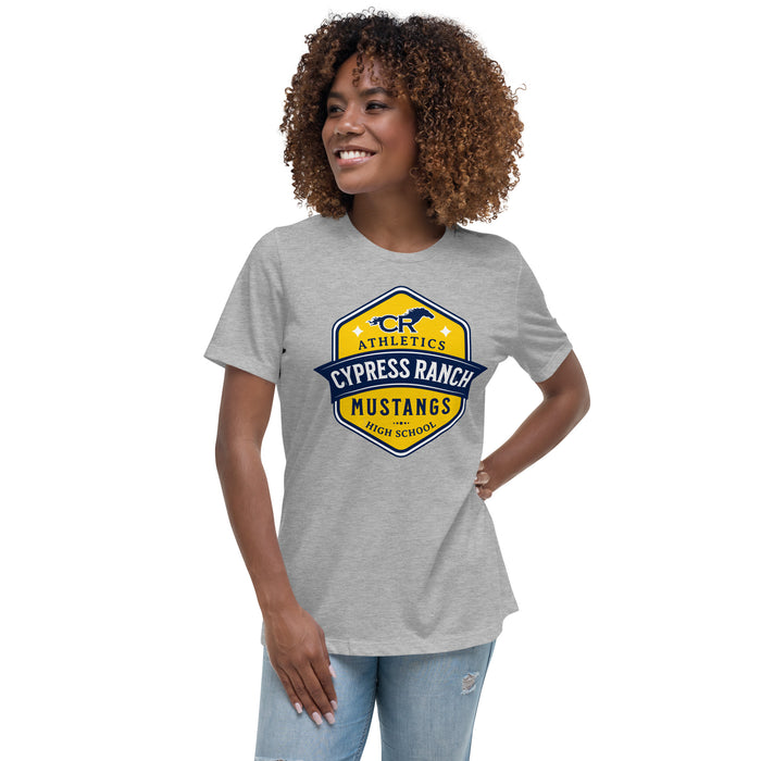 Woman wearing Cypress Ranch High School Mustangs Women's Heather Grey T-shirt 209