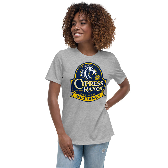 Woman wearing Cypress Ranch High School Mustangs Women's Heather Grey T-shirt 219