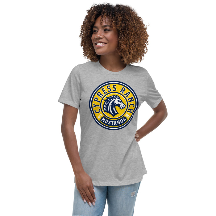 Woman wearing Cypress Ranch High School Mustangs Women's Heather Grey T-shirt 220