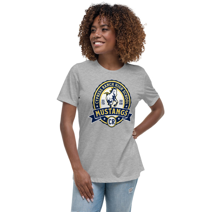 Woman wearing Cypress Ranch High School Mustangs Women's Heather Grey T-shirt 212