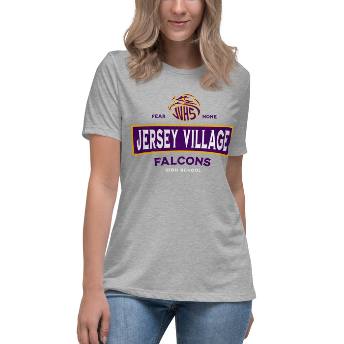 Woman wearing Jersey Village High School Falcons Women's Relaxed Fit T-shirt 202