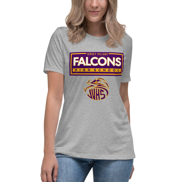Woman wearing Jersey Village High School Falcons Women's Relaxed Fit T-shirt 049