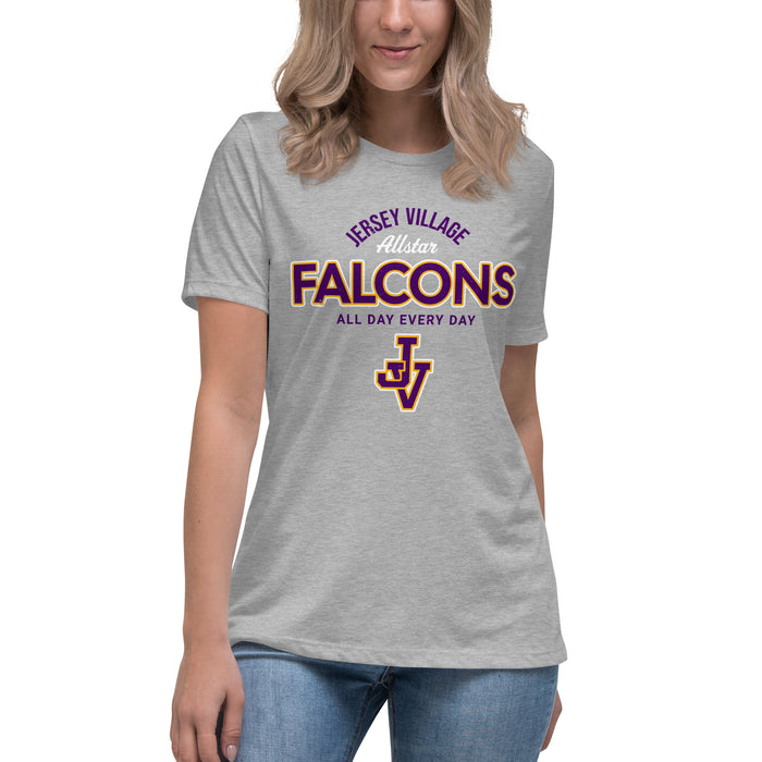 Woman wearing Jersey Village High School Falcons Women's Relaxed Fit T-shirt 040