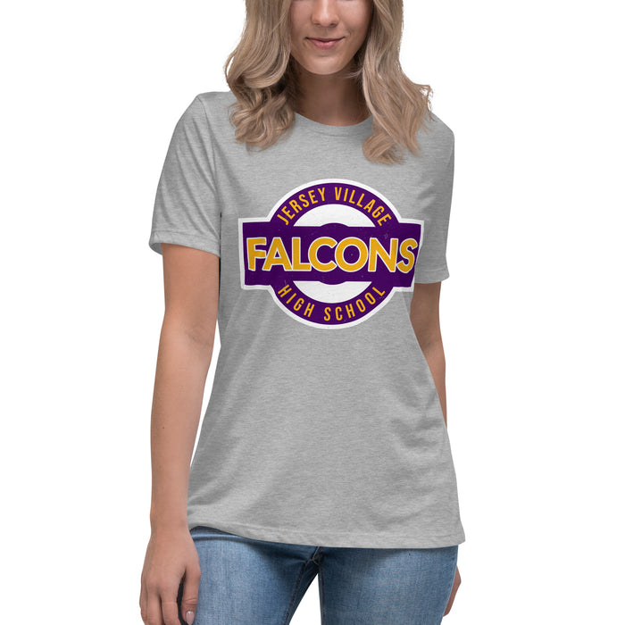 Woman wearing Jersey Village High School Falcons Women's Relaxed Fit T-shirt 011