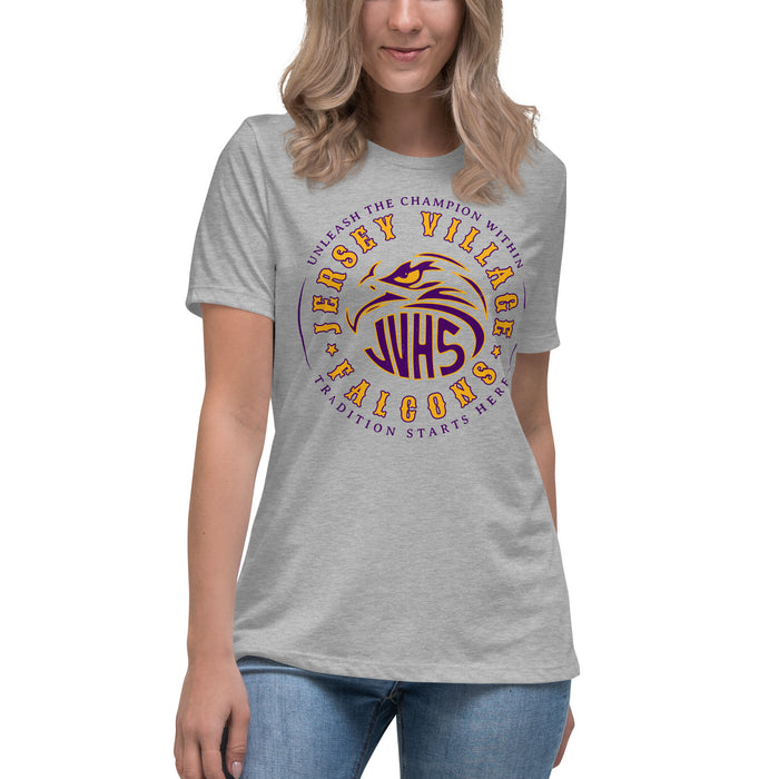 Woman wearing Jersey Village High School Falcons Women's Relaxed Fit T-shirt 214