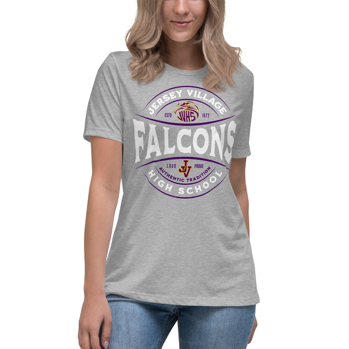 Woman wearing Jersey Village High School Falcons Women's Relaxed Fit T-shirt 218