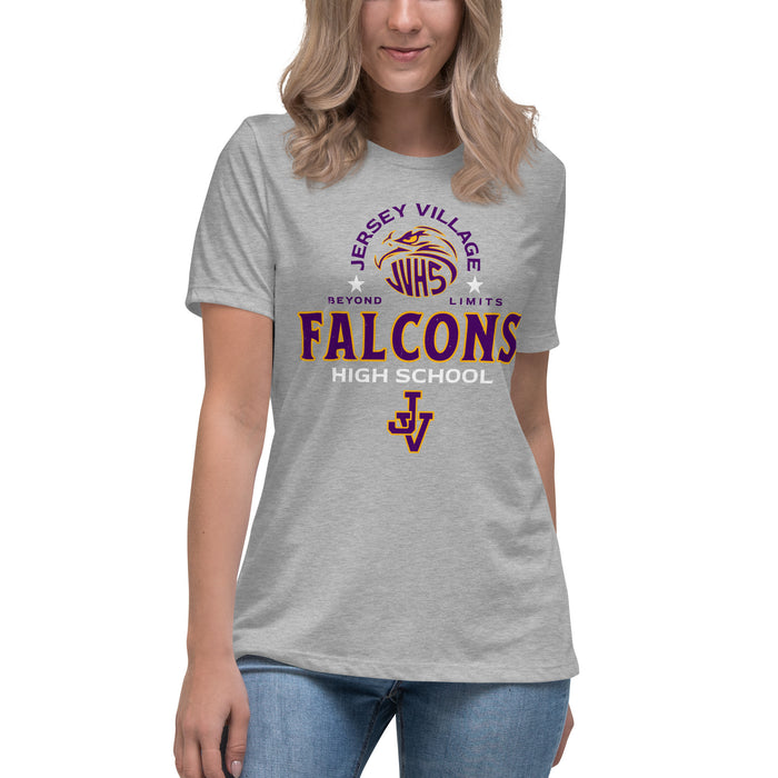 Woman wearing Jersey Village High School Falcons Women's Relaxed Fit T-shirt 222