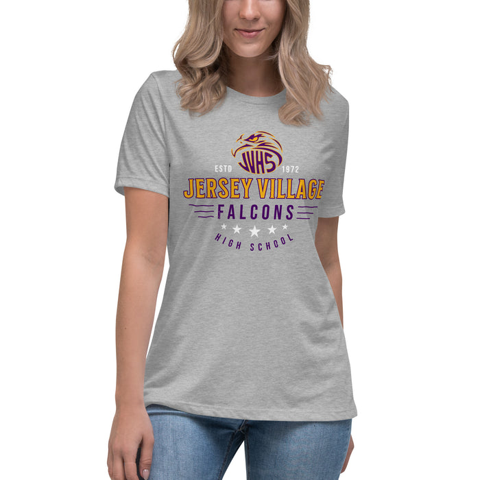 Woman wearing Jersey Village High School Falcons Women's Relaxed Fit T-shirt 217