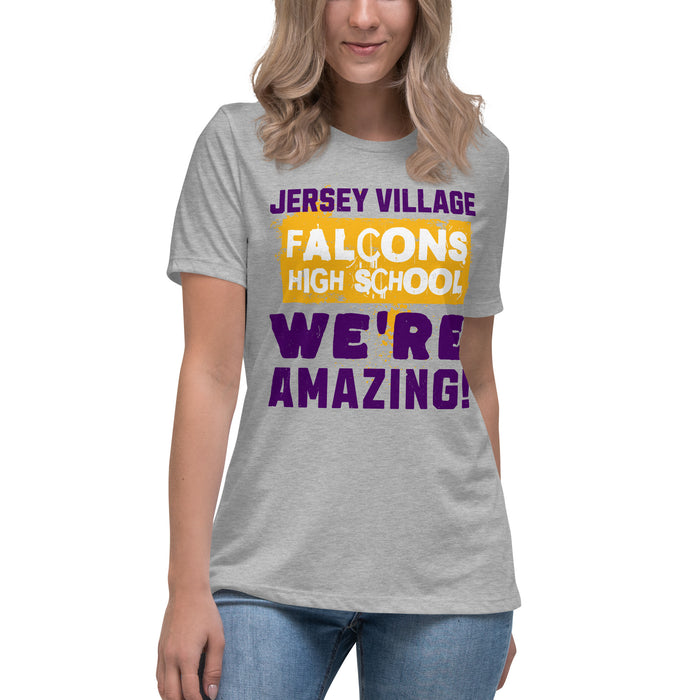 Woman wearing Jersey Village High School Falcons Women's Relaxed Fit T-shirt 231