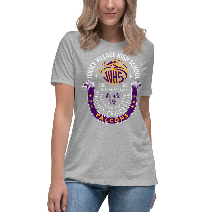 Woman wearing Jersey Village High School Falcons Women's Relaxed Fit T-shirt 229