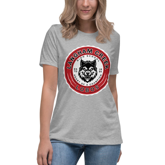 Young lady wearing Langham Creek High School Lobos Women's Relaxed Fit T-shirt 216