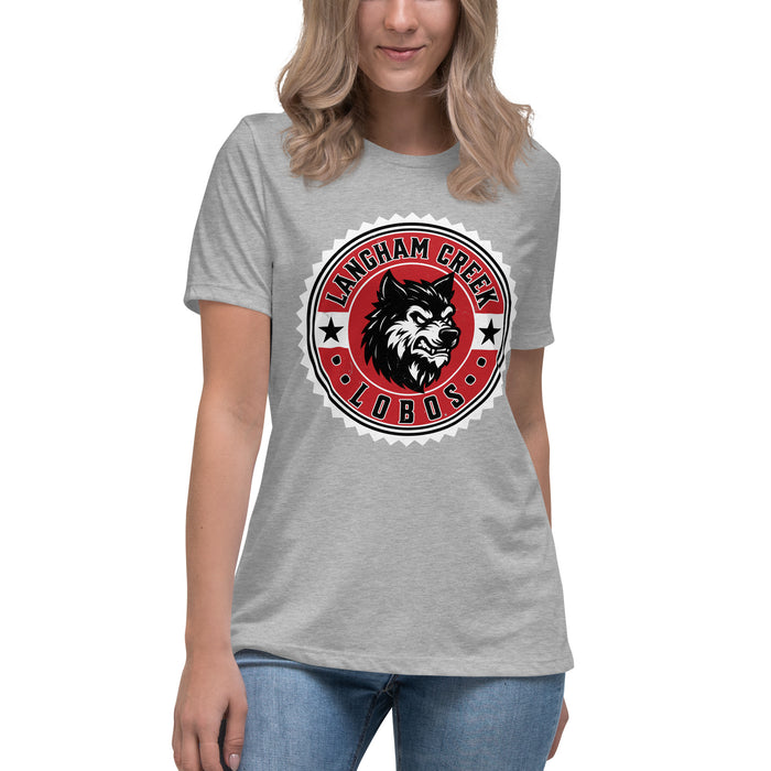 Woman wearing Langham Creek High School Lobos Women's Relaxed Fit T-shirt 203