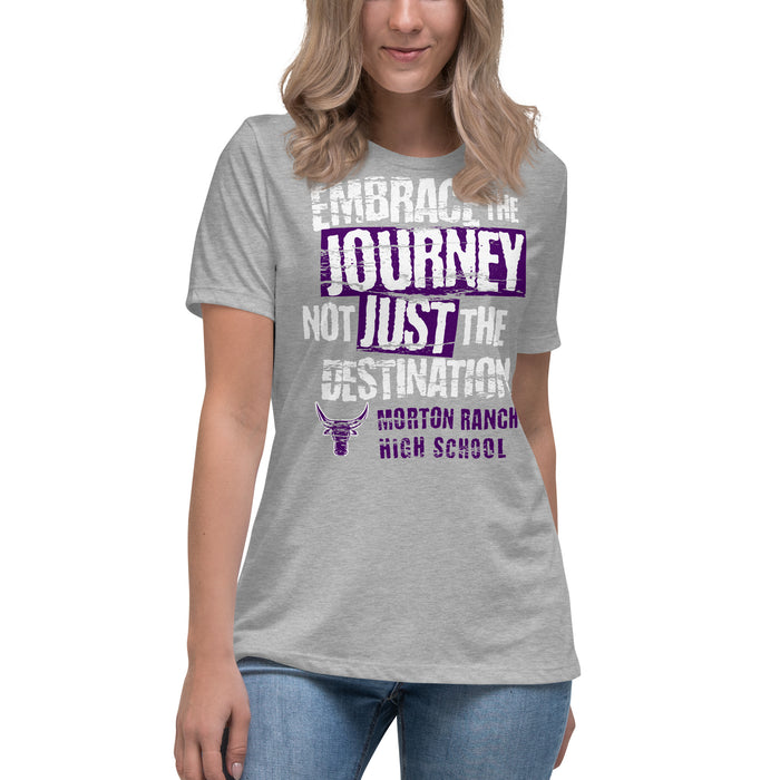 Student wearing Morton Ranch High School Mavericks Women's Relaxed Fit T-shirt 232
