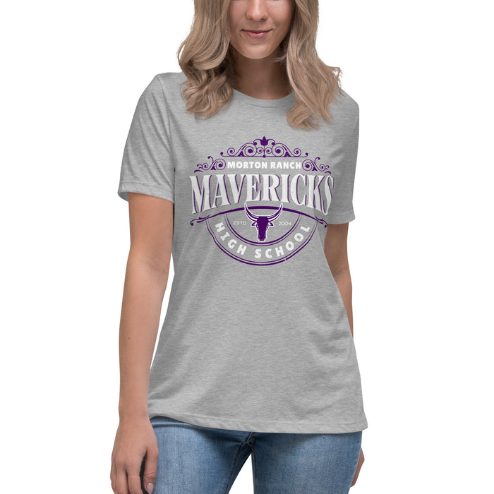 Woman wearing Morton Ranch High School Mavericks Women's Relaxed Fit T-shirt 232