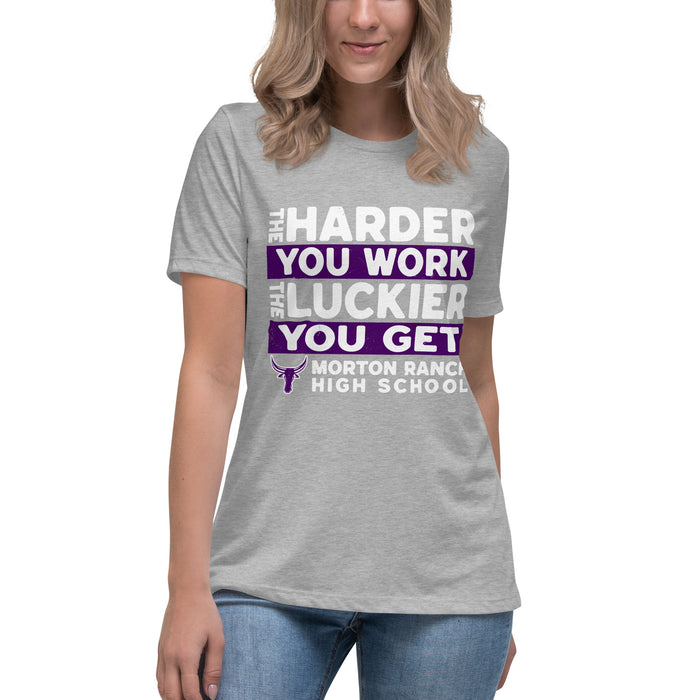 Student wearing Morton Ranch High School Mavericks Women's Relaxed Fit T-shirt 238