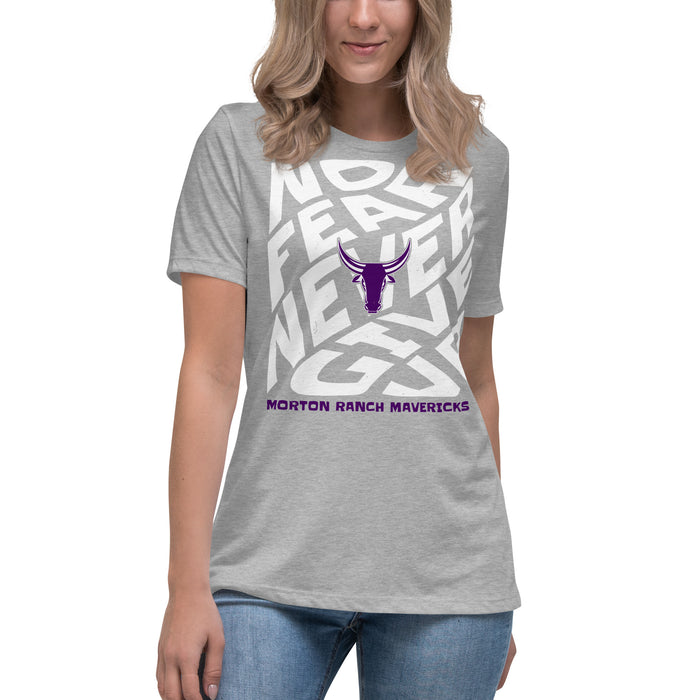 Young Lady wearing Morton Ranch High School Mavericks Women's Relaxed Fit T-shirt 236
