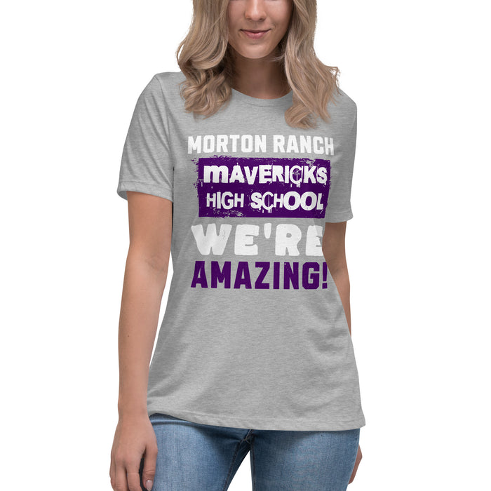 Young Lady wearing Morton Ranch High School Mavericks Women's Relaxed Fit T-shirt 231