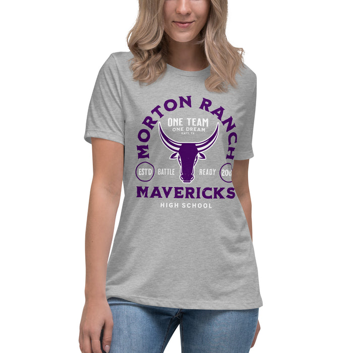 Student wearing Morton Ranch High School Mavericks Women's Relaxed Fit T-shirt 208