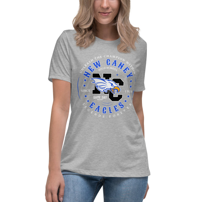 Lady wearing New Caney High School Eagles Women's Relaxed Fit T-shirt 214