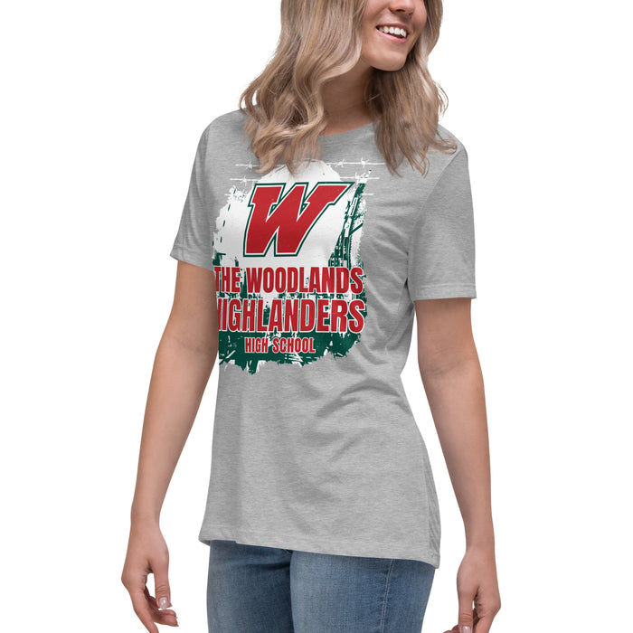 Side view of The Woodlands High School Highlanders Athletic Grey Women's T-shirt 201