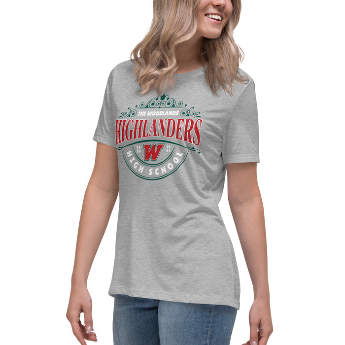 Side view of The Woodlands High School Highlanders Athletic Grey Women's T-shirt 212