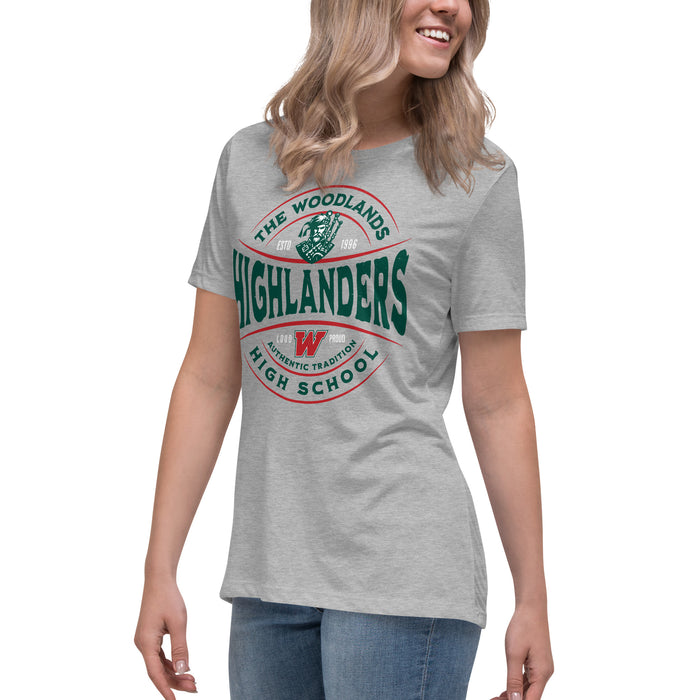 Side view of The Woodlands High School Highlanders Athletic Grey Women's T-shirt 217