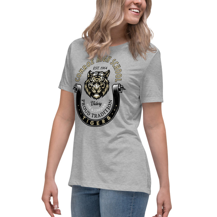 Side view of Conroe High School Tigers Women's Athletic Heather Grey T-shirt 229