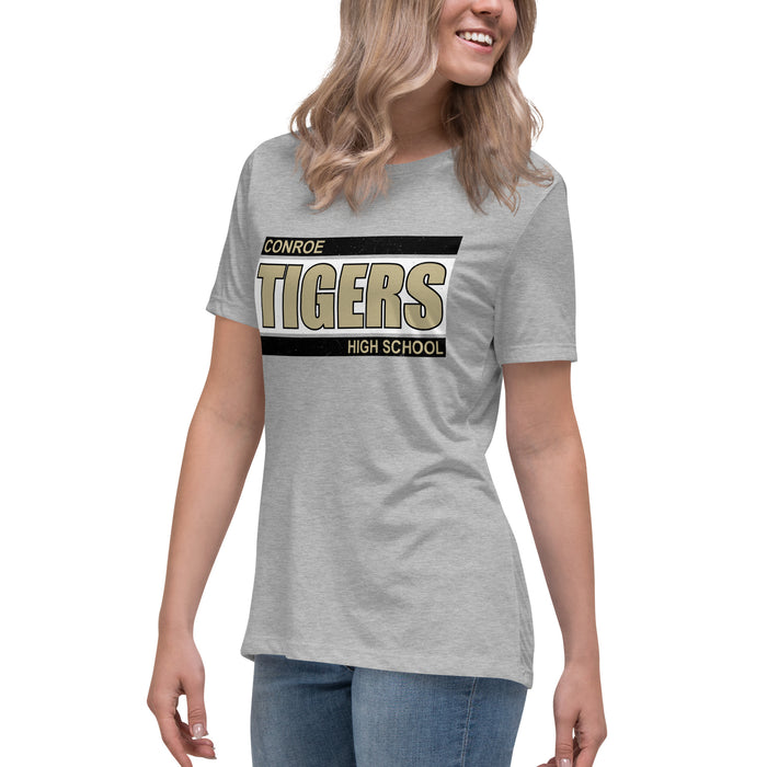 Side view of Conroe High School Tigers Women's Athletic Heather Grey T-shirt 098