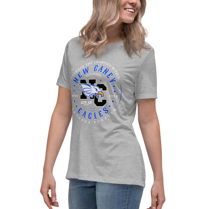 Profile view of woman wearing New Caney High School Eagles Women's Relaxed Fit T-shirt 214