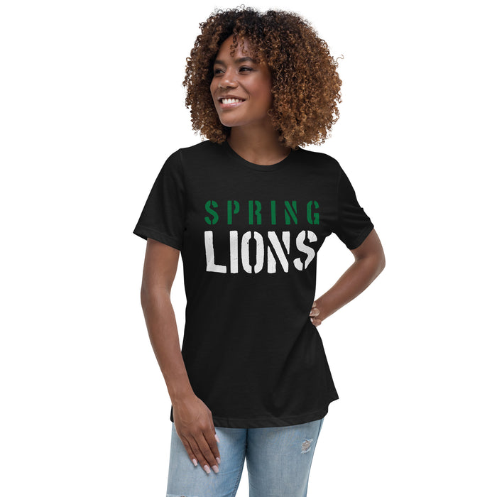 Woman wearing Spring High School Lions Women's Black Relaxed T-shirt 017