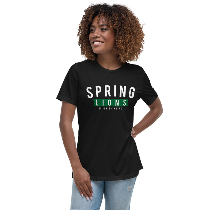 Woman wearing Spring High School Lions Women's Black Relaxed T-shirt 021