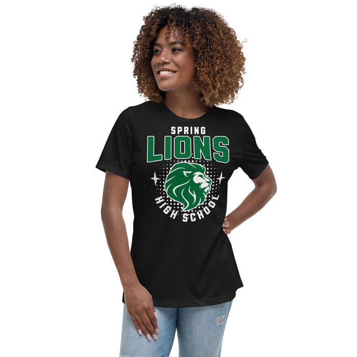 Woman wearing Spring High School Lions Women's Black Relaxed T-shirt 204