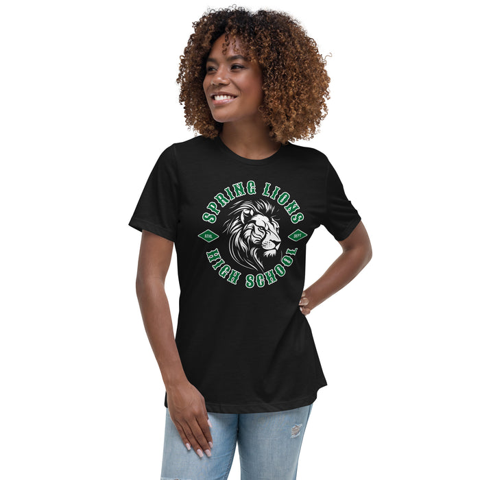 Woman wearing Spring High School Lions Women's Black Relaxed T-shirt 205