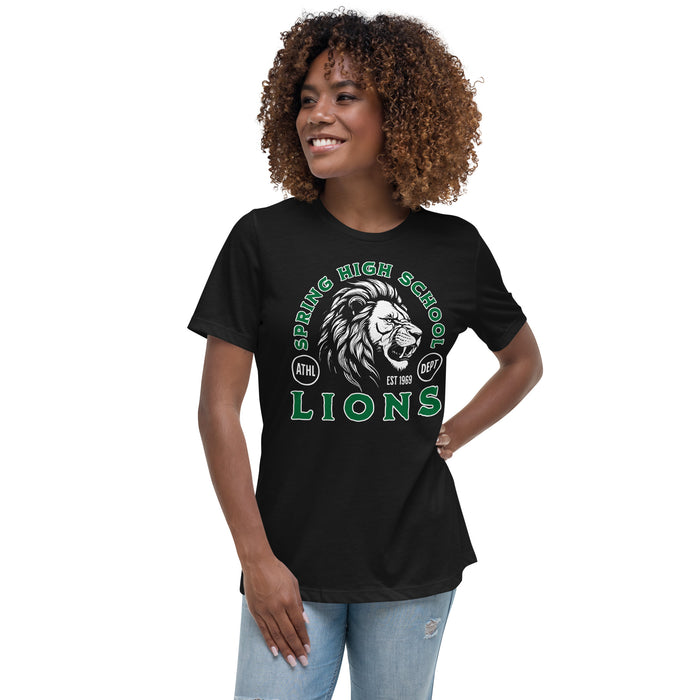 Woman wearing Spring High School Lions Women's Black Relaxed T-shirt 208