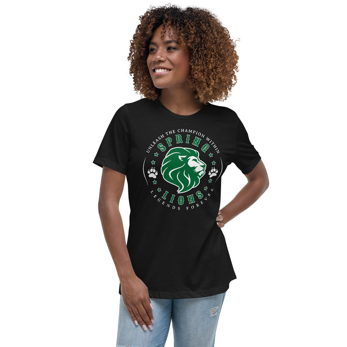 Woman wearing Spring High School Lions Women's Black Relaxed T-shirt 214