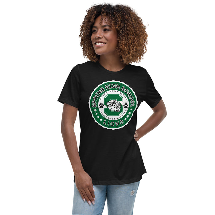 Woman wearing Spring High School Lions Women's Black Relaxed T-shirt 216