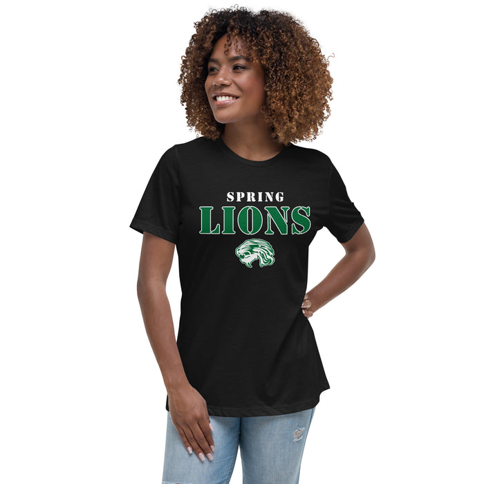 Woman wearing Spring High School Lions Women's Black Relaxed T-shirt 222