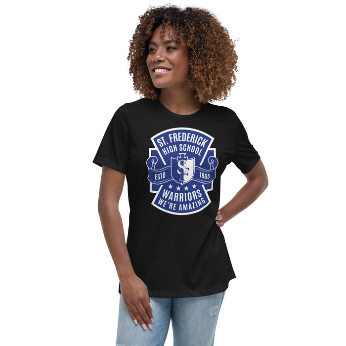 Woman wearing St. Frederick High School Warriors Women's Black T-shirt 207