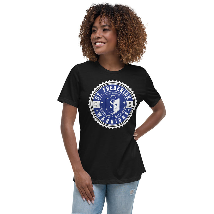 Woman wearing St. Frederick High School Warriors Women's Black T-shirt 203